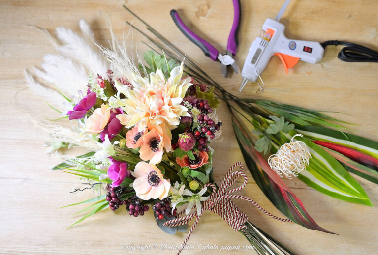 和装前撮りアイテム。秋らしい 和ブーケ へのアレンジ組み直し。